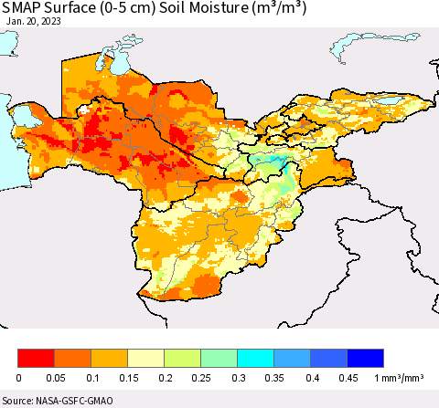 Central Asia SMAP Surface (0-5 cm) Soil Moisture (m³/m³) Thematic Map For 1/16/2023 - 1/20/2023