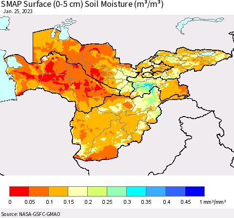 Central Asia SMAP Surface (0-5 cm) Soil Moisture (m³/m³) Thematic Map For 1/21/2023 - 1/25/2023
