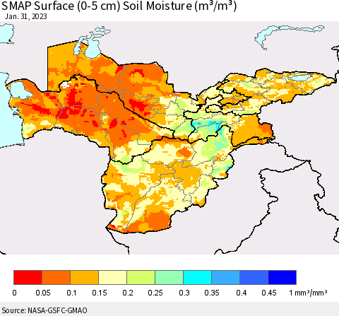 Central Asia SMAP Surface (0-5 cm) Soil Moisture (m³/m³) Thematic Map For 1/26/2023 - 1/31/2023