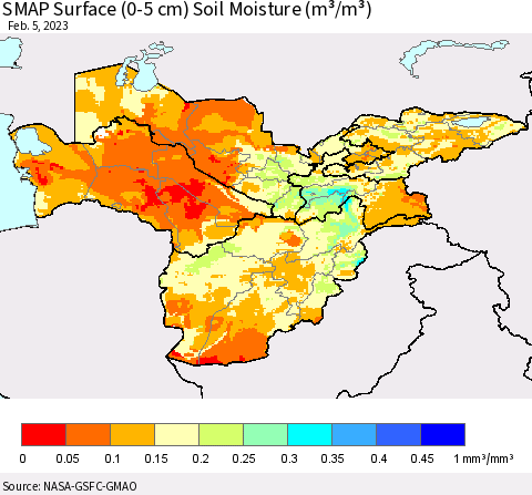 Central Asia SMAP Surface (0-5 cm) Soil Moisture (m³/m³) Thematic Map For 2/1/2023 - 2/5/2023