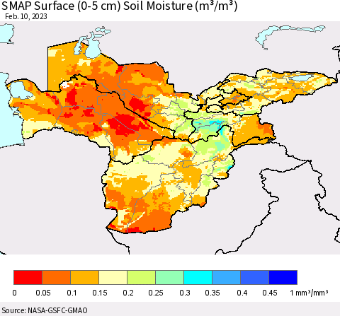 Central Asia SMAP Surface (0-5 cm) Soil Moisture (m³/m³) Thematic Map For 2/6/2023 - 2/10/2023