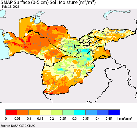 Central Asia SMAP Surface (0-5 cm) Soil Moisture (m³/m³) Thematic Map For 2/11/2023 - 2/15/2023