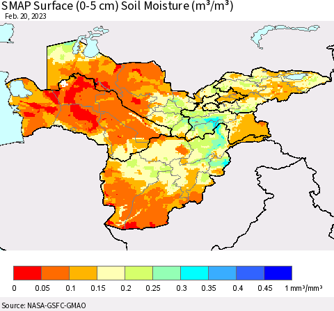 Central Asia SMAP Surface (0-5 cm) Soil Moisture (m³/m³) Thematic Map For 2/16/2023 - 2/20/2023