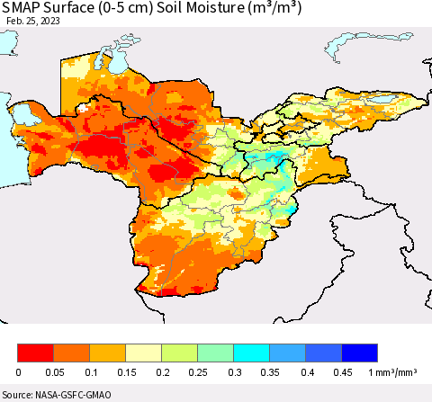 Central Asia SMAP Surface (0-5 cm) Soil Moisture (m³/m³) Thematic Map For 2/21/2023 - 2/25/2023