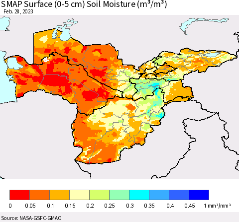 Central Asia SMAP Surface (0-5 cm) Soil Moisture (m³/m³) Thematic Map For 2/26/2023 - 2/28/2023