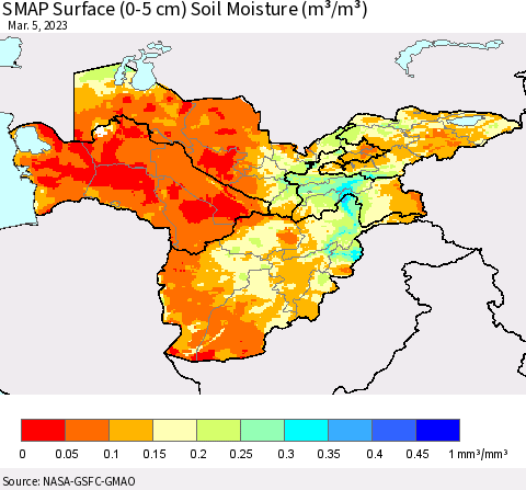 Central Asia SMAP Surface (0-5 cm) Soil Moisture (m³/m³) Thematic Map For 3/1/2023 - 3/5/2023