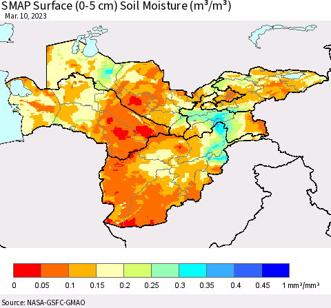 Central Asia SMAP Surface (0-5 cm) Soil Moisture (m³/m³) Thematic Map For 3/6/2023 - 3/10/2023