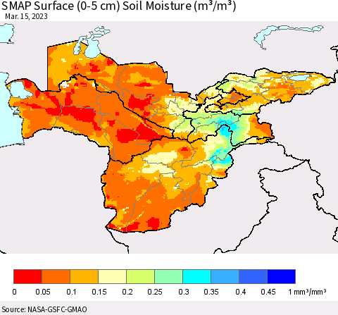 Central Asia SMAP Surface (0-5 cm) Soil Moisture (m³/m³) Thematic Map For 3/11/2023 - 3/15/2023