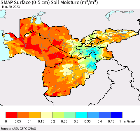 Central Asia SMAP Surface (0-5 cm) Soil Moisture (m³/m³) Thematic Map For 3/16/2023 - 3/20/2023