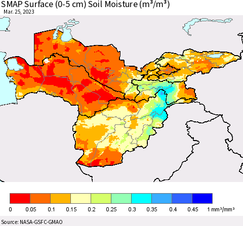 Central Asia SMAP Surface (0-5 cm) Soil Moisture (m³/m³) Thematic Map For 3/21/2023 - 3/25/2023