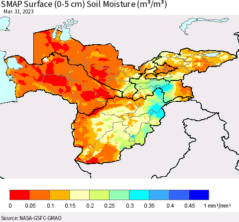 Central Asia SMAP Surface (0-5 cm) Soil Moisture (m³/m³) Thematic Map For 3/26/2023 - 3/31/2023