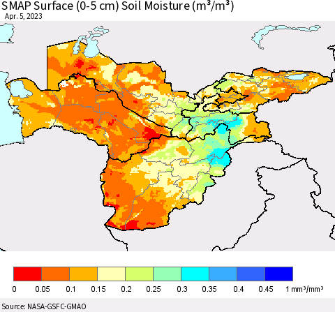 Central Asia SMAP Surface (0-5 cm) Soil Moisture (m³/m³) Thematic Map For 4/1/2023 - 4/5/2023