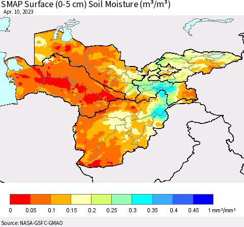 Central Asia SMAP Surface (0-5 cm) Soil Moisture (m³/m³) Thematic Map For 4/6/2023 - 4/10/2023