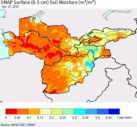 Central Asia SMAP Surface (0-5 cm) Soil Moisture (m³/m³) Thematic Map For 4/11/2023 - 4/15/2023