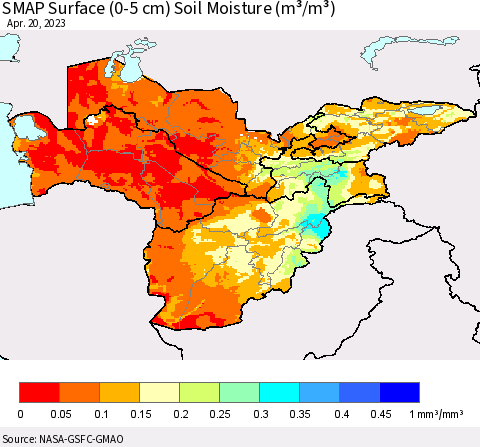 Central Asia SMAP Surface (0-5 cm) Soil Moisture (m³/m³) Thematic Map For 4/16/2023 - 4/20/2023