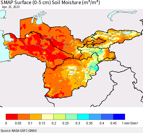 Central Asia SMAP Surface (0-5 cm) Soil Moisture (m³/m³) Thematic Map For 4/21/2023 - 4/25/2023