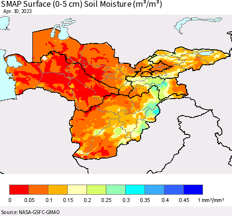 Central Asia SMAP Surface (0-5 cm) Soil Moisture (m³/m³) Thematic Map For 4/26/2023 - 4/30/2023