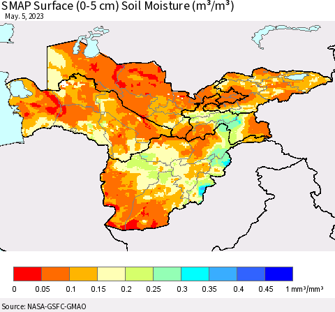 Central Asia SMAP Surface (0-5 cm) Soil Moisture (m³/m³) Thematic Map For 5/1/2023 - 5/5/2023