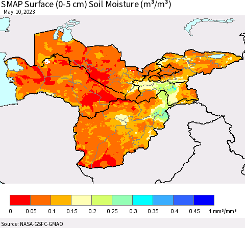 Central Asia SMAP Surface (0-5 cm) Soil Moisture (m³/m³) Thematic Map For 5/6/2023 - 5/10/2023