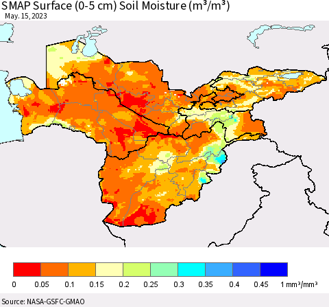 Central Asia SMAP Surface (0-5 cm) Soil Moisture (m³/m³) Thematic Map For 5/11/2023 - 5/15/2023