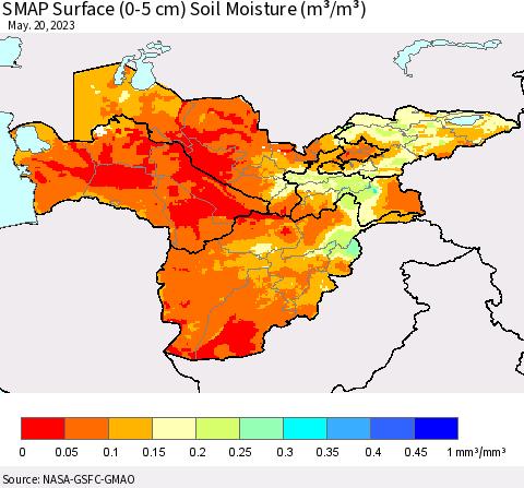 Central Asia SMAP Surface (0-5 cm) Soil Moisture (m³/m³) Thematic Map For 5/16/2023 - 5/20/2023