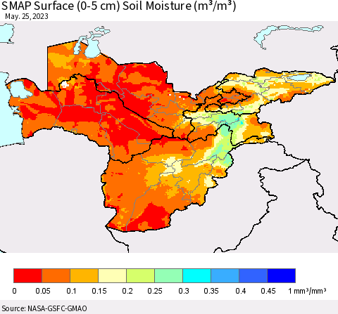Central Asia SMAP Surface (0-5 cm) Soil Moisture (m³/m³) Thematic Map For 5/21/2023 - 5/25/2023