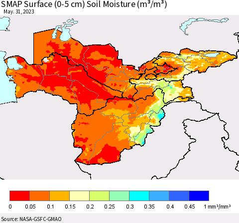Central Asia SMAP Surface (0-5 cm) Soil Moisture (m³/m³) Thematic Map For 5/26/2023 - 5/31/2023