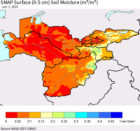 Central Asia SMAP Surface (0-5 cm) Soil Moisture (m³/m³) Thematic Map For 6/1/2023 - 6/5/2023