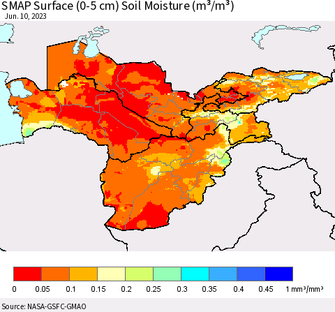 Central Asia SMAP Surface (0-5 cm) Soil Moisture (m³/m³) Thematic Map For 6/6/2023 - 6/10/2023