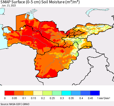 Central Asia SMAP Surface (0-5 cm) Soil Moisture (m³/m³) Thematic Map For 6/11/2023 - 6/15/2023