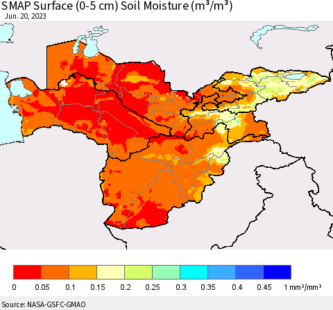 Central Asia SMAP Surface (0-5 cm) Soil Moisture (m³/m³) Thematic Map For 6/16/2023 - 6/20/2023