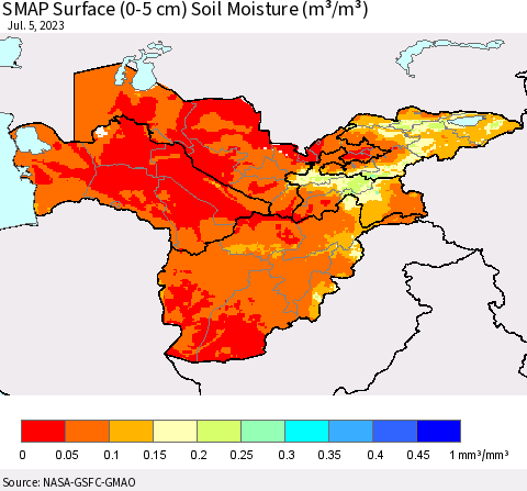 Central Asia SMAP Surface (0-5 cm) Soil Moisture (m³/m³) Thematic Map For 7/1/2023 - 7/5/2023