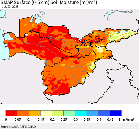 Central Asia SMAP Surface (0-5 cm) Soil Moisture (m³/m³) Thematic Map For 7/16/2023 - 7/20/2023
