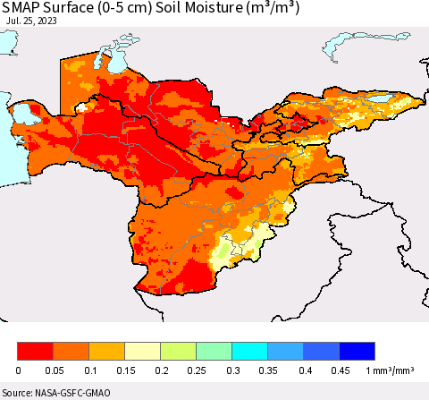 Central Asia SMAP Surface (0-5 cm) Soil Moisture (m³/m³) Thematic Map For 7/21/2023 - 7/25/2023