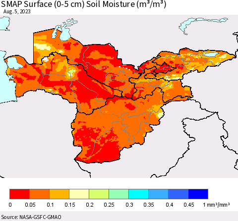 Central Asia SMAP Surface (0-5 cm) Soil Moisture (m³/m³) Thematic Map For 8/1/2023 - 8/5/2023
