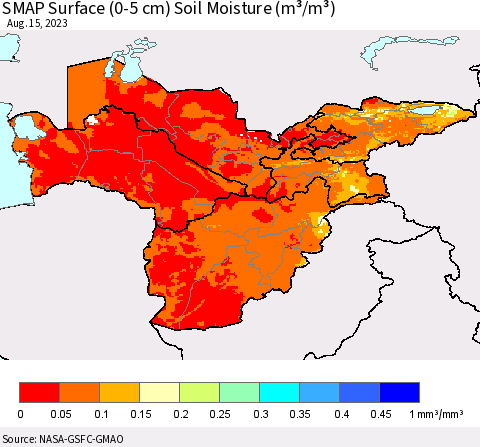 Central Asia SMAP Surface (0-5 cm) Soil Moisture (m³/m³) Thematic Map For 8/11/2023 - 8/15/2023