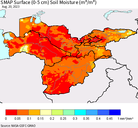 Central Asia SMAP Surface (0-5 cm) Soil Moisture (m³/m³) Thematic Map For 8/16/2023 - 8/20/2023