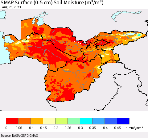 Central Asia SMAP Surface (0-5 cm) Soil Moisture (m³/m³) Thematic Map For 8/21/2023 - 8/25/2023