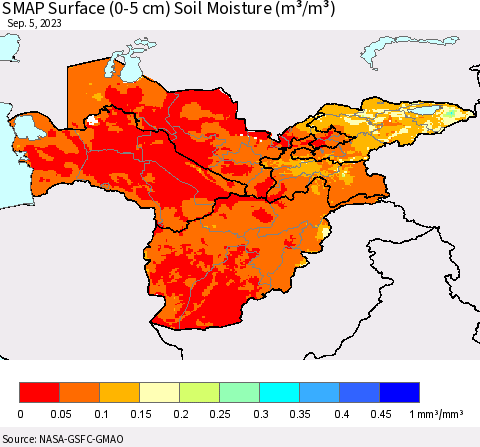 Central Asia SMAP Surface (0-5 cm) Soil Moisture (m³/m³) Thematic Map For 9/1/2023 - 9/5/2023