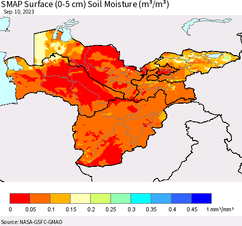 Central Asia SMAP Surface (0-5 cm) Soil Moisture (m³/m³) Thematic Map For 9/6/2023 - 9/10/2023