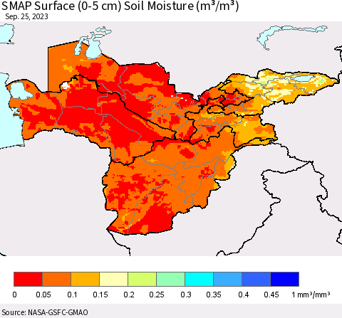 Central Asia SMAP Surface (0-5 cm) Soil Moisture (m³/m³) Thematic Map For 9/21/2023 - 9/25/2023