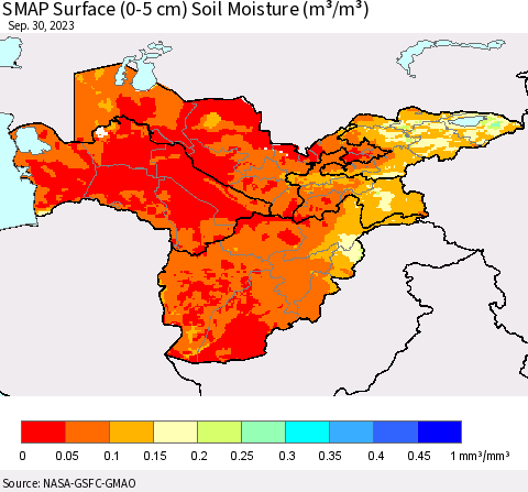 Central Asia SMAP Surface (0-5 cm) Soil Moisture (m³/m³) Thematic Map For 9/26/2023 - 9/30/2023