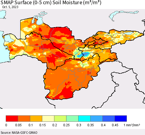 Central Asia SMAP Surface (0-5 cm) Soil Moisture (m³/m³) Thematic Map For 10/1/2023 - 10/5/2023
