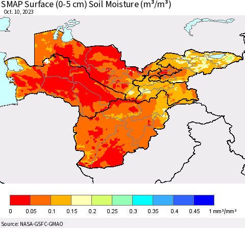 Central Asia SMAP Surface (0-5 cm) Soil Moisture (m³/m³) Thematic Map For 10/6/2023 - 10/10/2023
