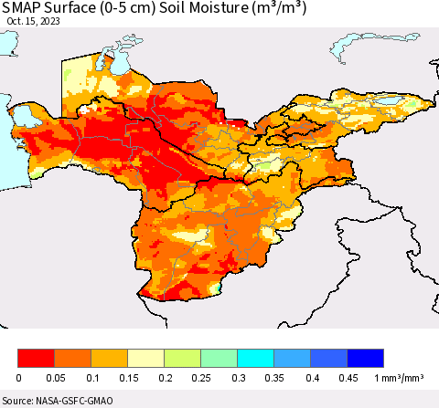 Central Asia SMAP Surface (0-5 cm) Soil Moisture (m³/m³) Thematic Map For 10/11/2023 - 10/15/2023
