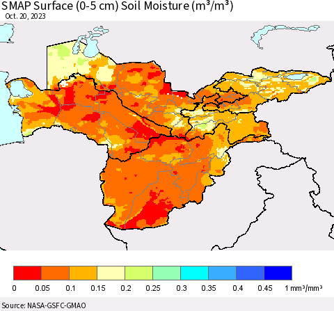 Central Asia SMAP Surface (0-5 cm) Soil Moisture (m³/m³) Thematic Map For 10/16/2023 - 10/20/2023