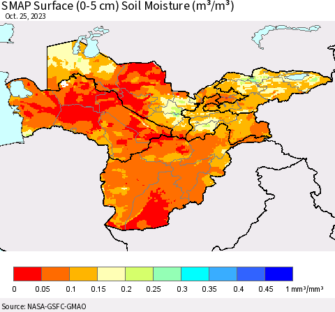 Central Asia SMAP Surface (0-5 cm) Soil Moisture (m³/m³) Thematic Map For 10/21/2023 - 10/25/2023
