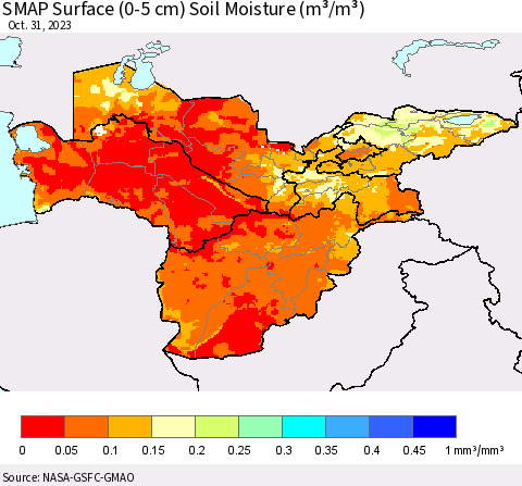 Central Asia SMAP Surface (0-5 cm) Soil Moisture (m³/m³) Thematic Map For 10/26/2023 - 10/31/2023