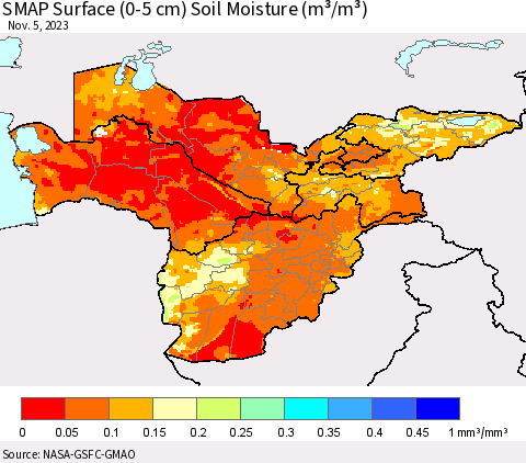 Central Asia SMAP Surface (0-5 cm) Soil Moisture (m³/m³) Thematic Map For 11/1/2023 - 11/5/2023