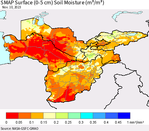Central Asia SMAP Surface (0-5 cm) Soil Moisture (m³/m³) Thematic Map For 11/6/2023 - 11/10/2023